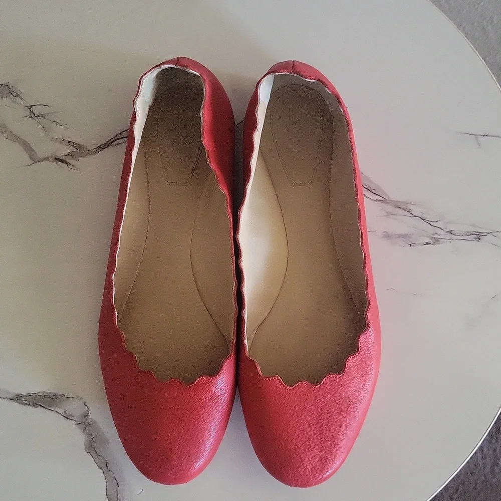 CHLOE Lauren Salmon Scalloped Ballerina Leather slippers Flat Shoes